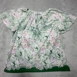 Vintage Teddi of California 70s Floral Sheer Tie Neck Flutter Sleeve Blouse Boho